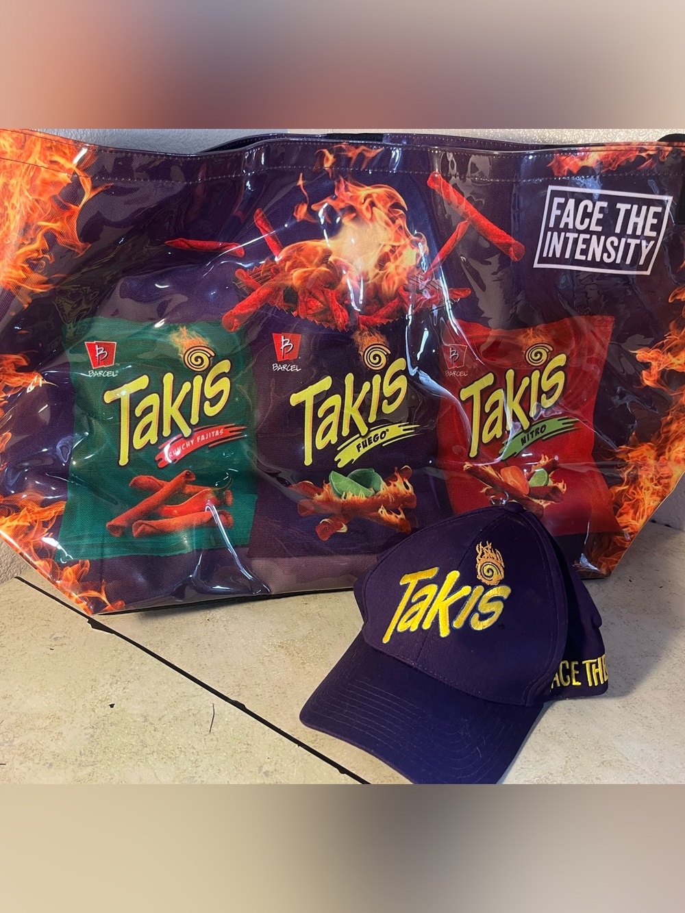 Lot of TAKIS Fuego Chips Hat and Large Tote Bag
